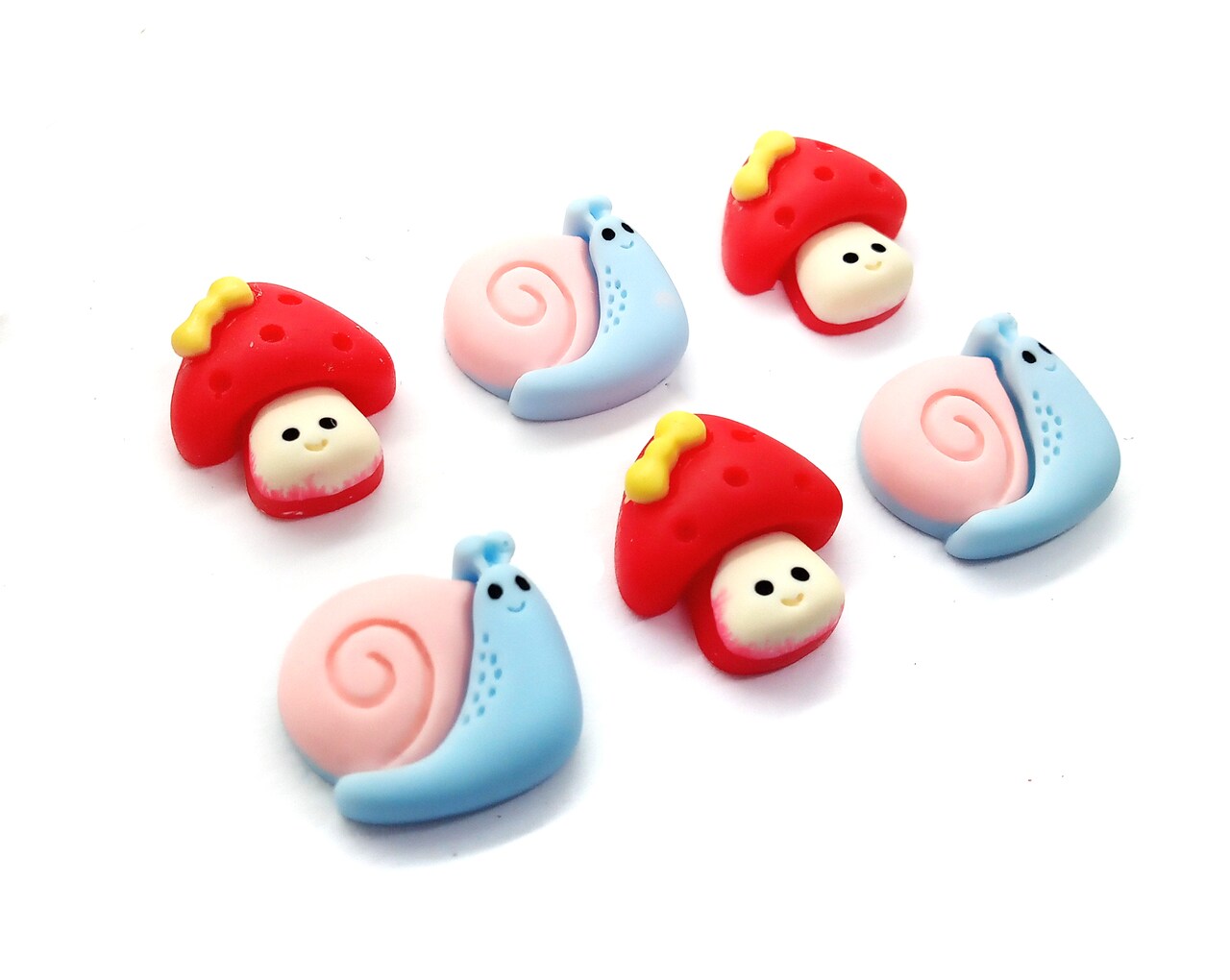 Cute Snail & Mushroom Cabochons, Set of 6 Kawaii Resin Flatbacks, Adorabilities